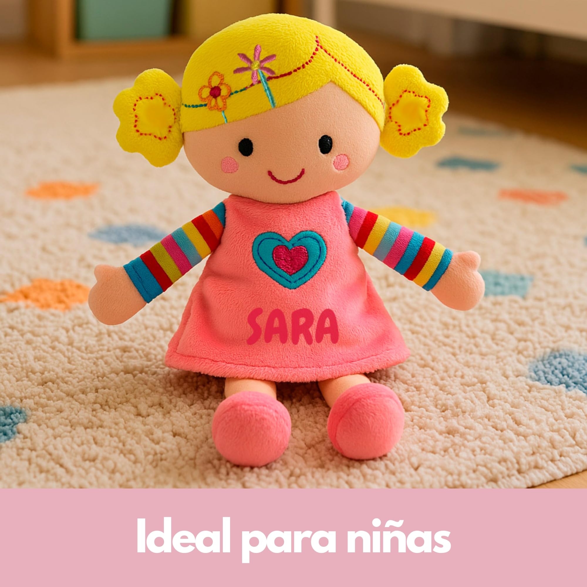 Peluchilandia Muñeca de Trapo Personalizada - Regalo Bebe 1 año - Muñecas para niñas 2 años y más - Tacto Muy Suave 25cm Personalizadas con su Nombre para un Detalle Especial