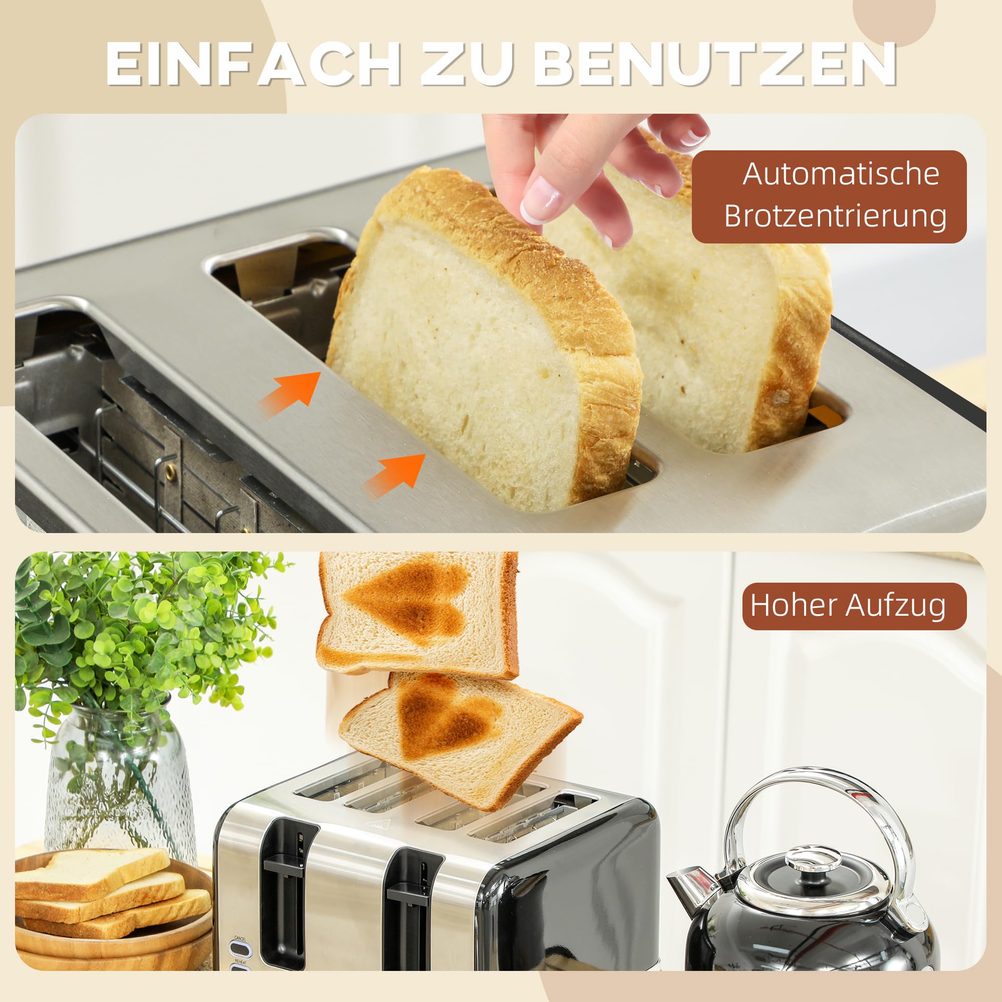 Homcom Ensemble grille-pain en acier inoxydable 2200 W 1,7 l Bouilloire, grille-pain à 4 tranches, 7 niveaux d'or, réchauffement et décongélation, ensemble de petit-déjeuner avec filtre de sortie de