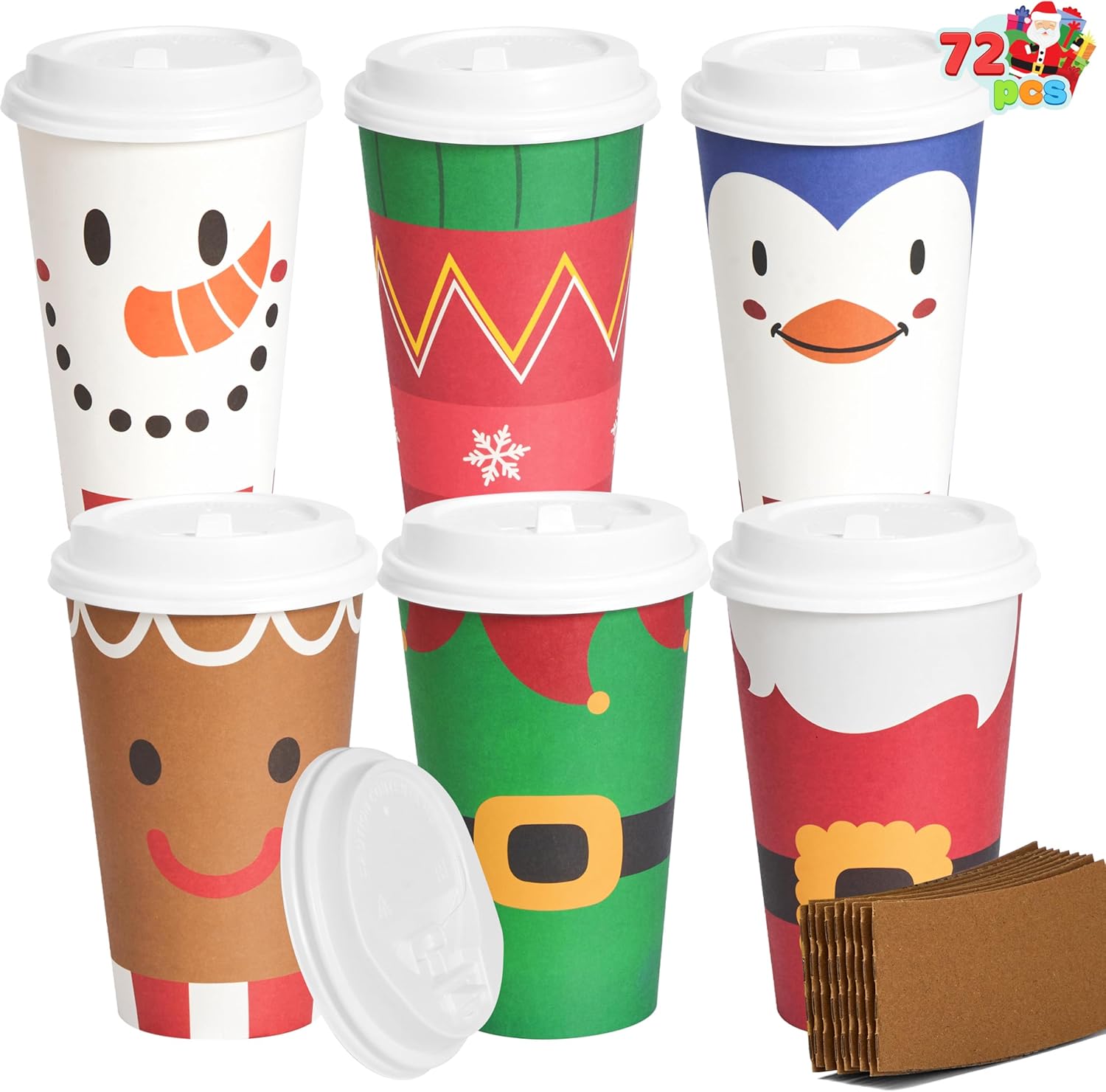 JOYIN 72 Pcs Christmas Disposable Cups with Sleeves and Lids, 4 Designs Xmas Drinkware 16 oz Paper Cup For Hot Chocolate Coffee Cold Beverage Tableware Holiday Winter Party Supplies Decoration Cute