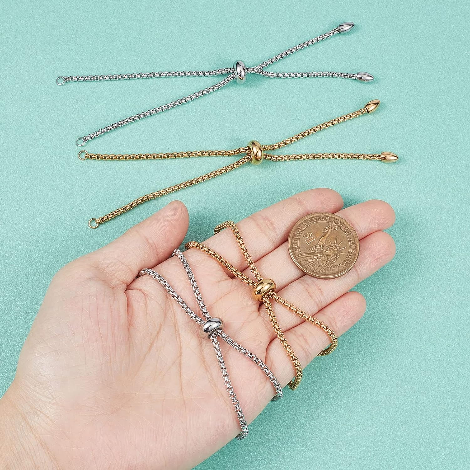Beebeecraft 10Pcs 2 Colors Adjustable Slider Bracelet Chain Findings Stainless Steel Gold & Silver Slider Extender Chains with Ball Ends for Women Jewelry Making Semi Finished DIY