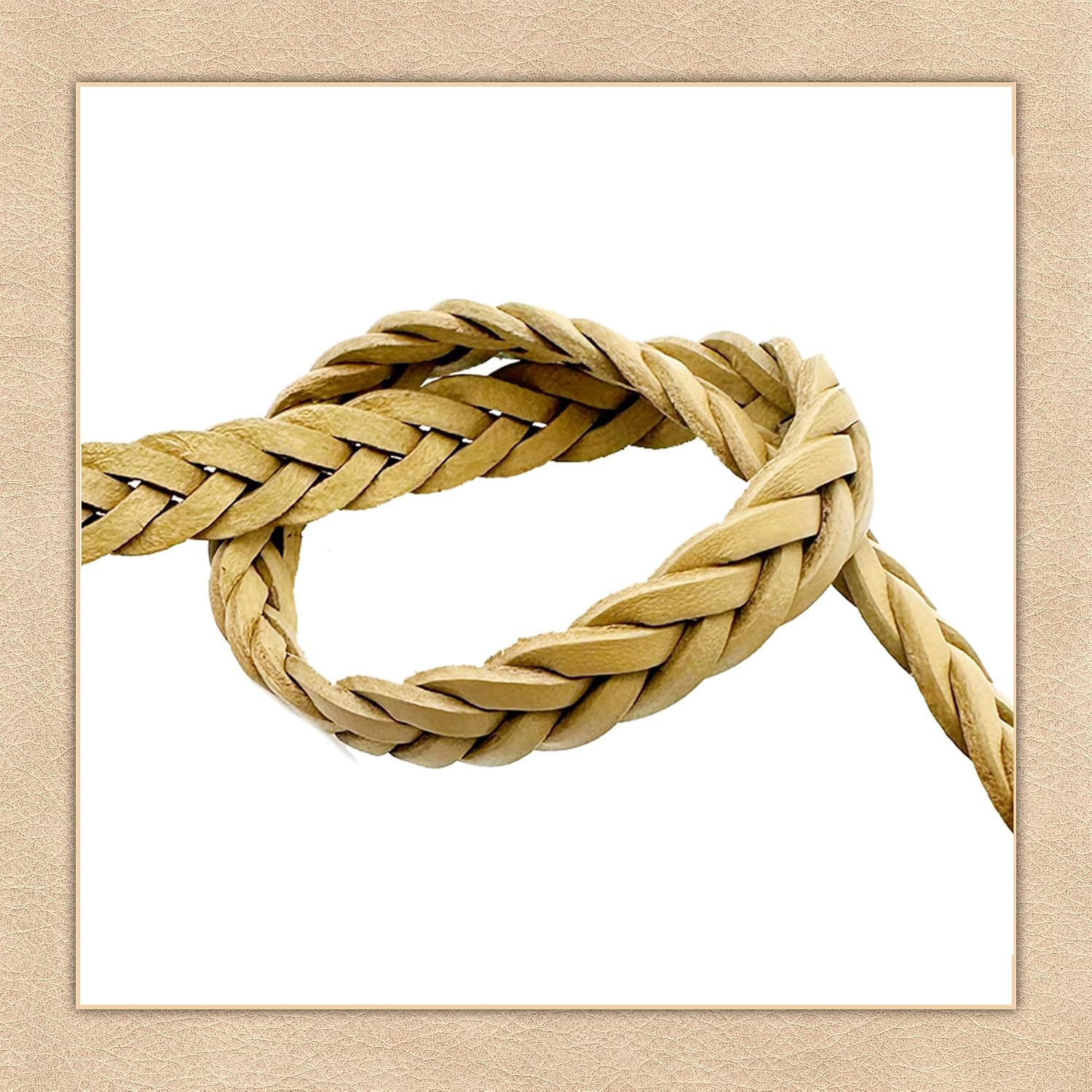 Flat Braided Genuine Leather Cord (12.5x6 mm) - 1.1 Yard Real Leather String for Making Bracelets, Jewelry, Belt and DIY Projects - Handmade 5 Ply Braided Leather Straps (Beige)