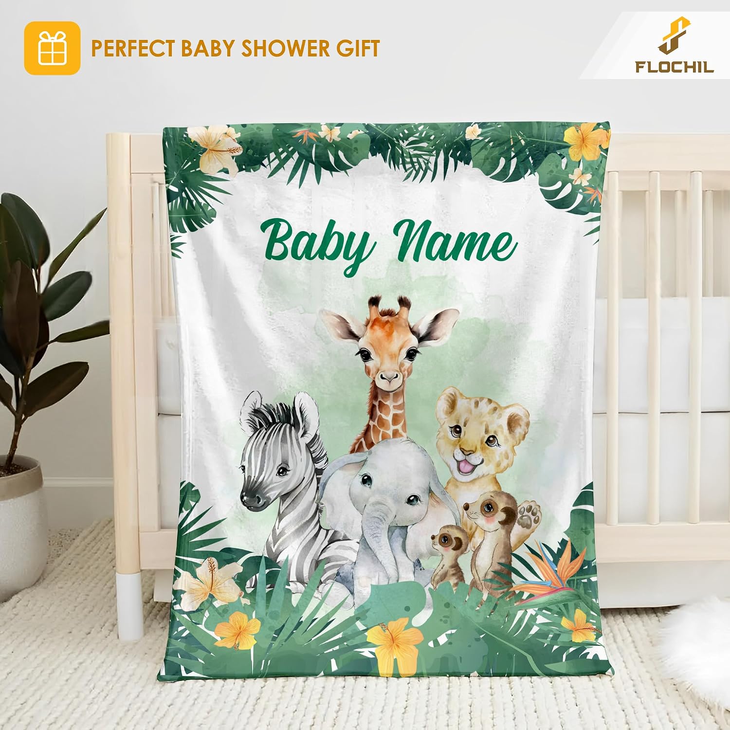FLOCHIL Personalized Baby Blanket for Boys, Custom Baby Blanket with Name, Customized Safari Baby Blanket, Gift for Baby Shower, Toddler, Babies, Newborn