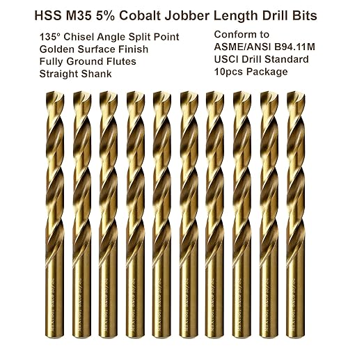 Miniatura 2 de MAXTOOL - Brocas helicoidales de longitud de cobalto idénticas HSS M35 de 1132 pulgadas, 10 brocas helicoidales totalmente rectas doradas, brocas de