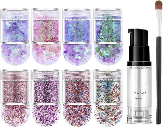 Body Glitter Cosmetic Glitter, 8 Color Chunky Glitter, Face Glitter Festival with Glue for Body, Cheeks, Hair, Festival, Stage, Halloween, Party, Makeup - Includes Long Lasting Fix Gel and Brush