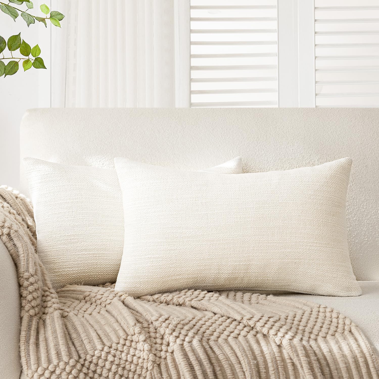 Foindtower Set of 2 Decorative Textured Burlap Linen Throw Pillow Covers Farmhouse Boho Lumbar Cushion Cover Solid Accent Pillowcase for Couch Sofa