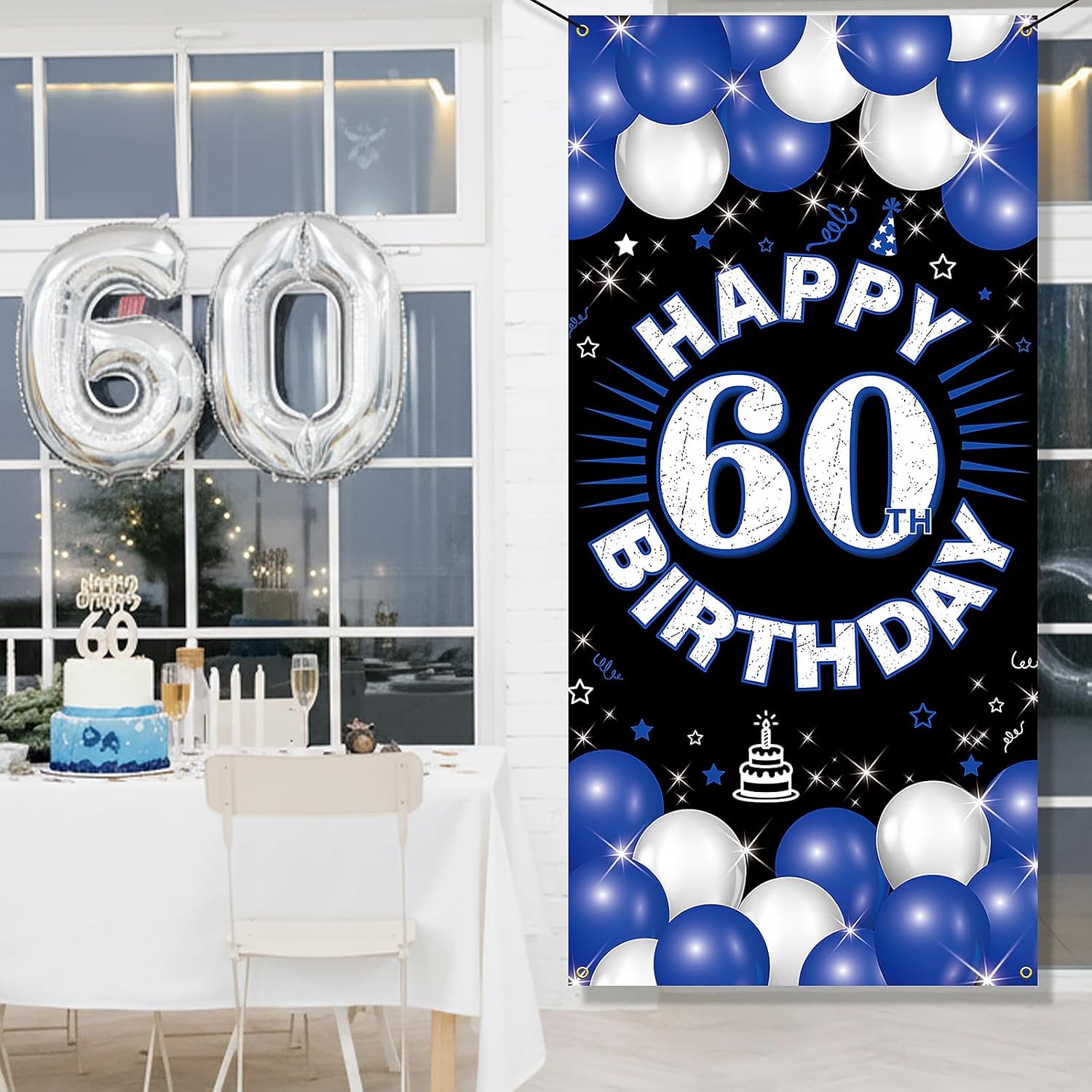 Happy 60th Birthday Decorations for Men & Women, Blue Fabric Banner Backdrop for 60 Year Old Birthday Party, Photo Booth Props, Yard Sign, Cake Table Decor, Door or Entrance Sign - Image 6