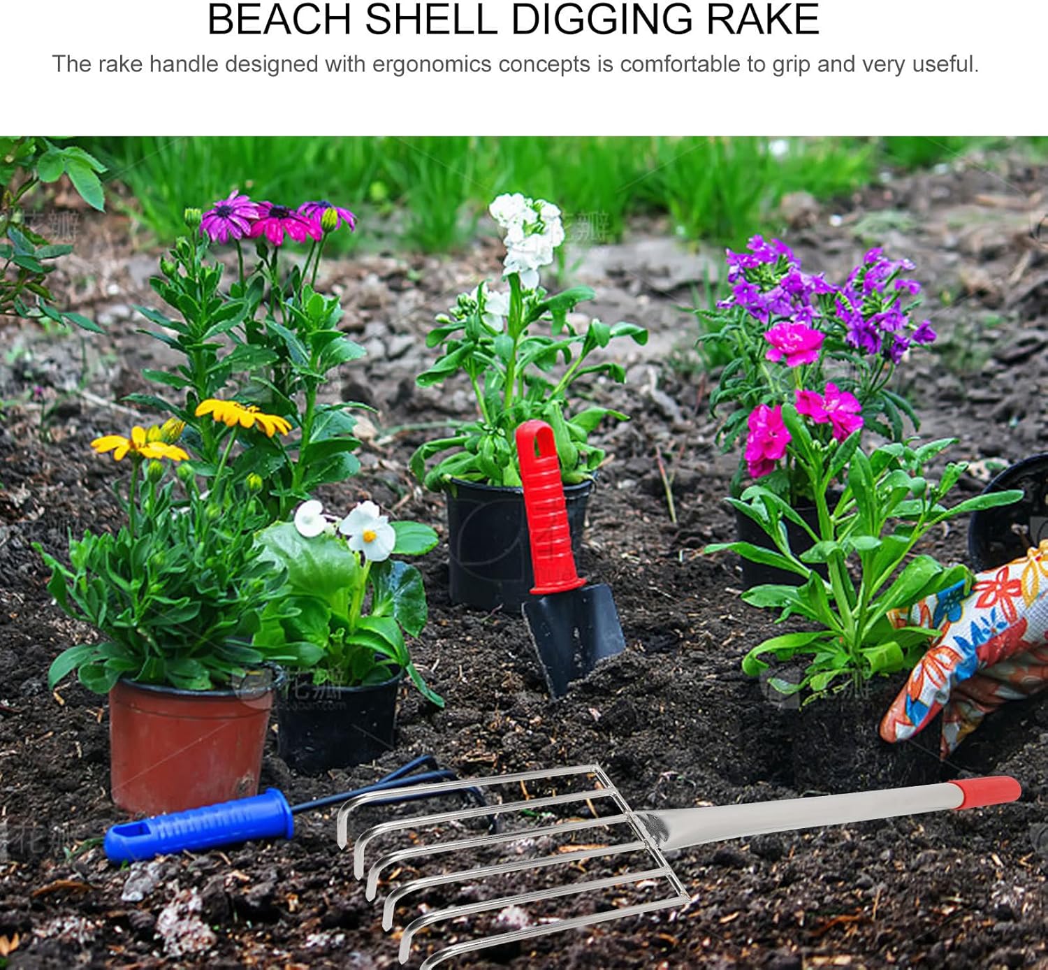 6-Tine Stainless Steel Claw Hand Rake with Rubber Handle, 12.6-inch Outdoor Beach and Garden Shell Rake for Soil Loosening and Shell Digging