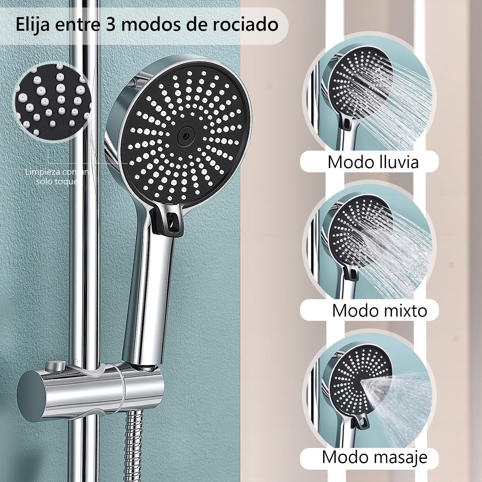 Kit de ducha sin grifería ajustable en altura Ducha de lluvia redonda 26 cm y ducha de mano 3 chorros Acero inoxidable instalación rápida