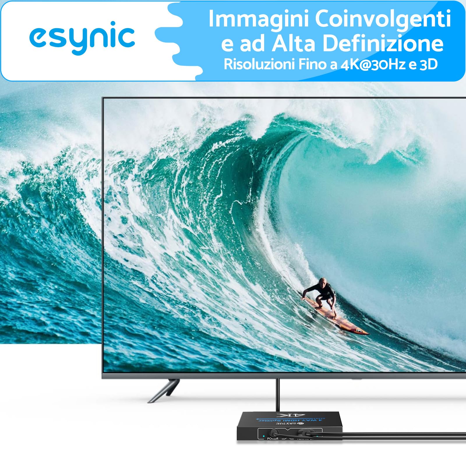 eSynic HDMI Splitter 1 In 4 Out 4K@30HZ 3D con 1m Cavo HDMI 4 Vie Splitter HDMI Supporta HDCP 1.4 Bypass 1X4 Splitter HDMI Involucro in Metallo per Fire Stick Console Blu-ray