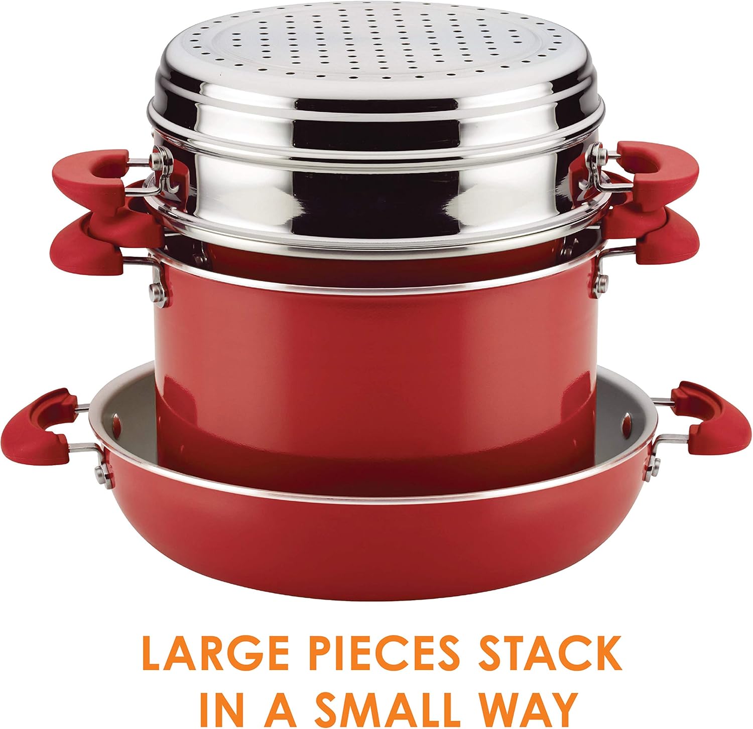 Stacked Rachael Ray cookware set showing space-saving design