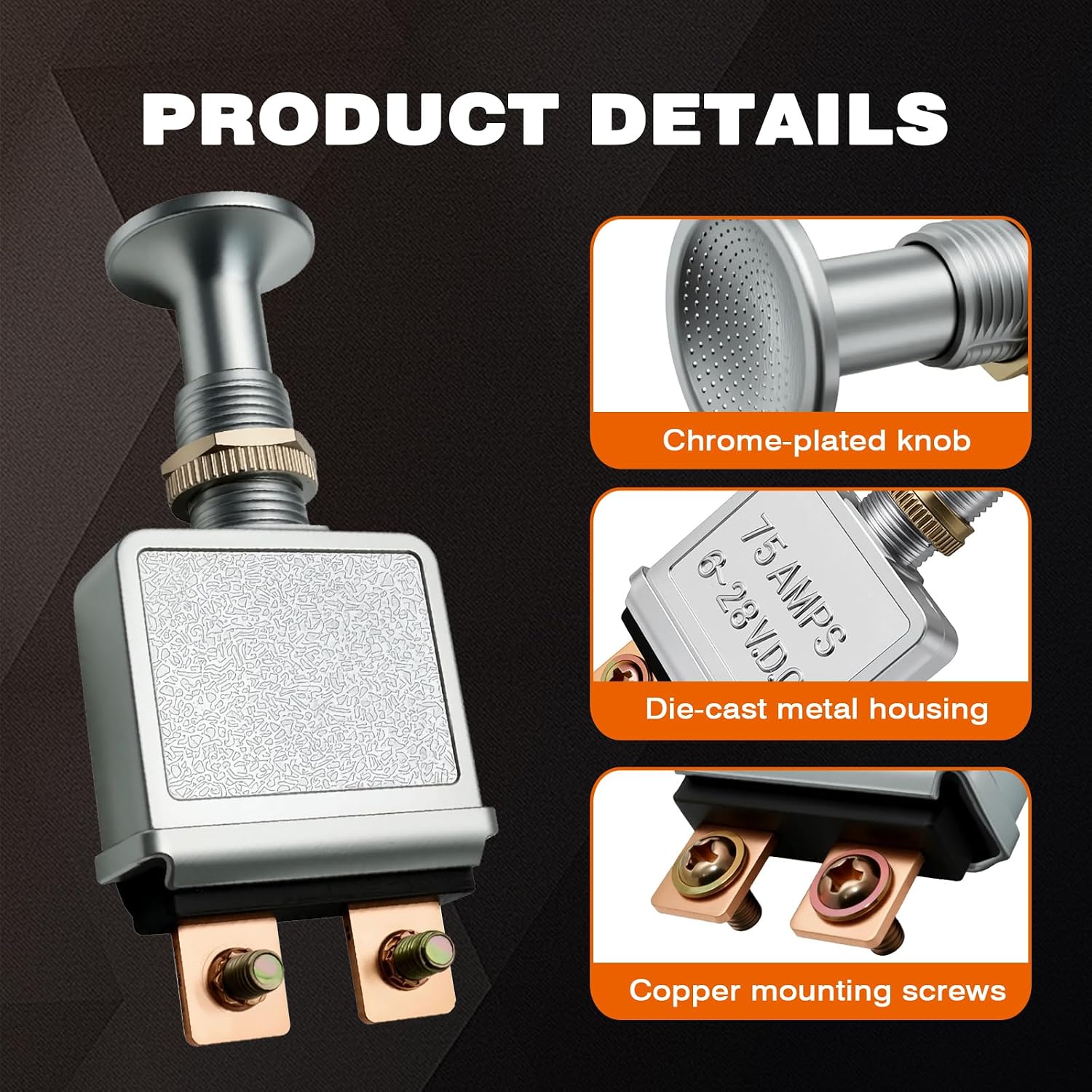 4Pcs Push Pull Switch 75 A Heavy Duty 6-28V DC SPST 2 Position On/Off Toggle with Chrome Knob for Automotive Trucks SUV RV Marine Headlight Turn Signal Control