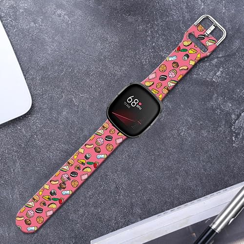Floral Pattern Printed Cartoon Watch Bands Compatible with Fitbit Versa 4/ Versa 3/ Fitbit Sense 2/Sense Band Soft Silicone Sport Cute Strap Replacement Wristband for Men Women Teens.(Delicious Food)