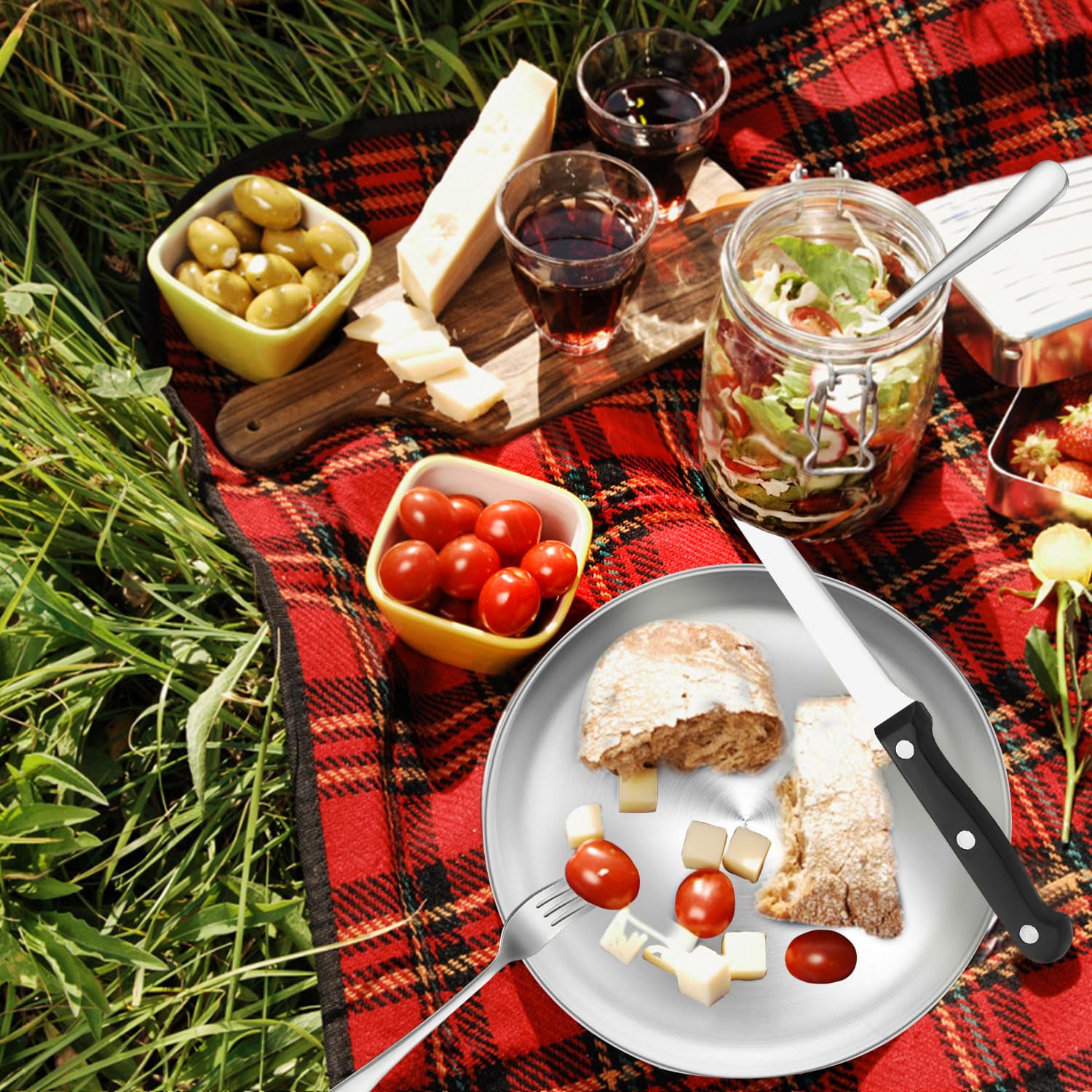 Camping Besteckset 4 Person, 20 PCS Picknick-Teller und Utensilien-Set, Tragbares Geschirr, Edelstahl-Besteck-Kombination mit Organizer-Tasche, Wiederverwendbar, Langlebig