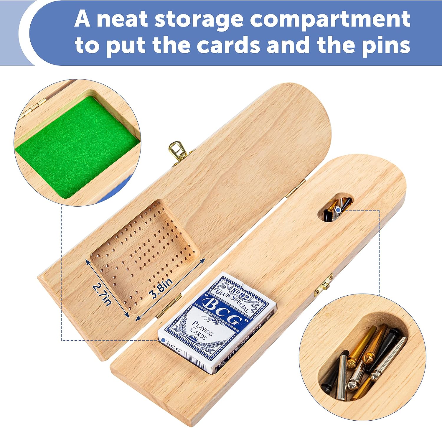 ropoda Cribbage Board Game, Classic 3 Track Board with 9 Cribbage Pegs, A Deck of Playing Cards and Storage Area, Portable and Foldable Wooden Board Game