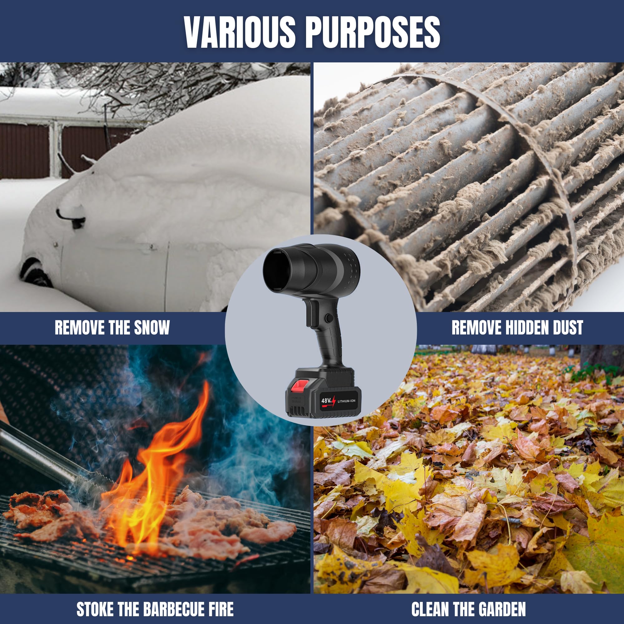 Soplador de Chorro Turbo. Soplador Turbo Jet, 130000 RPM. Plumero de Aire Inalámbrico. Mini Soplador de Hojas. 1050 W. Incluye 2 Baterías de 48V. para Limpiar Jardín, Nieve, Polvo, Etc.