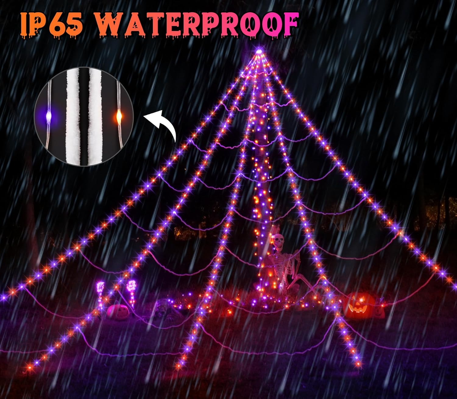 Halloween Spider Web Lights 250 LED Lighted Spider Web Giant 16.4Ft Halloween Decorations Light up with 8 Lighting Modes Waterproof & Timer for Outdoor Indoor Yard Haunted House Decor, Purple & Orange