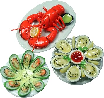 3 Seafood Oyster, Mussel and Giant Lobster Miniature Food, Realistic, White, 6 Scale, Medium, Dollhouse Decor, Clay & Ceramic, Adult, Teen, Young Adult
