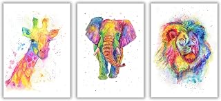 Rainbow Animal Pictures Wall Art Print Set of 3, Lion, Giraffe, Elephant Colourful Home Decor Idea A4 A3 A5 Boho Posters (Unframed A4 (21x29.7cm))