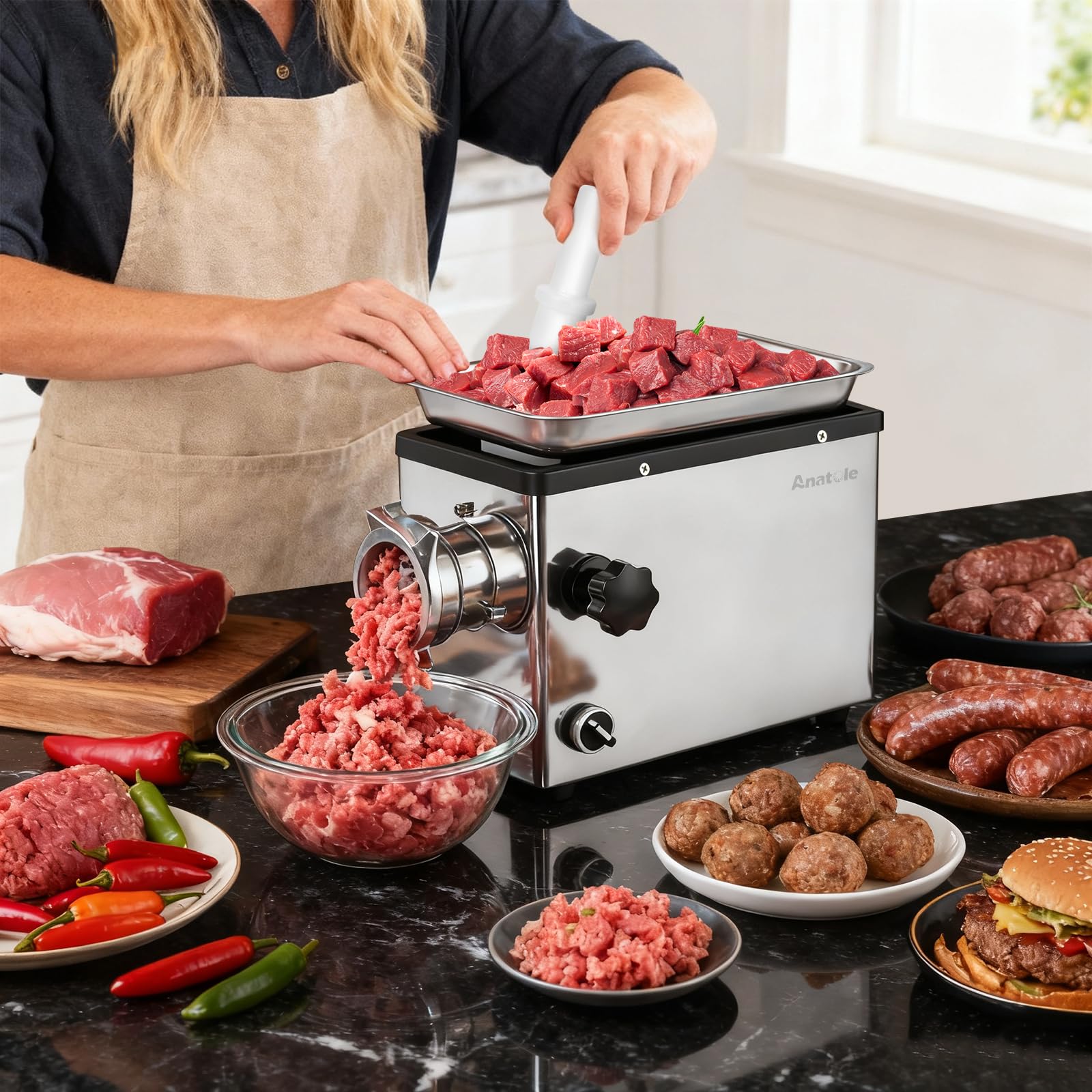 Anatole Tritacarne Elettrico Commerciale 1300W Acciaio Inox Integrale Macchina per Salsicce Multifunzionale con 4/6/8/10/12mm/3-Fori Piastre di Macinazione 1 Insaccatrice per Salsiccia 4 Lame 220V