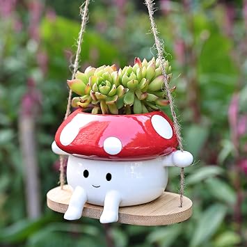 Fungi Fun Hanging Planter - Mushroom Swing Face Ceramic for Hanging Plant