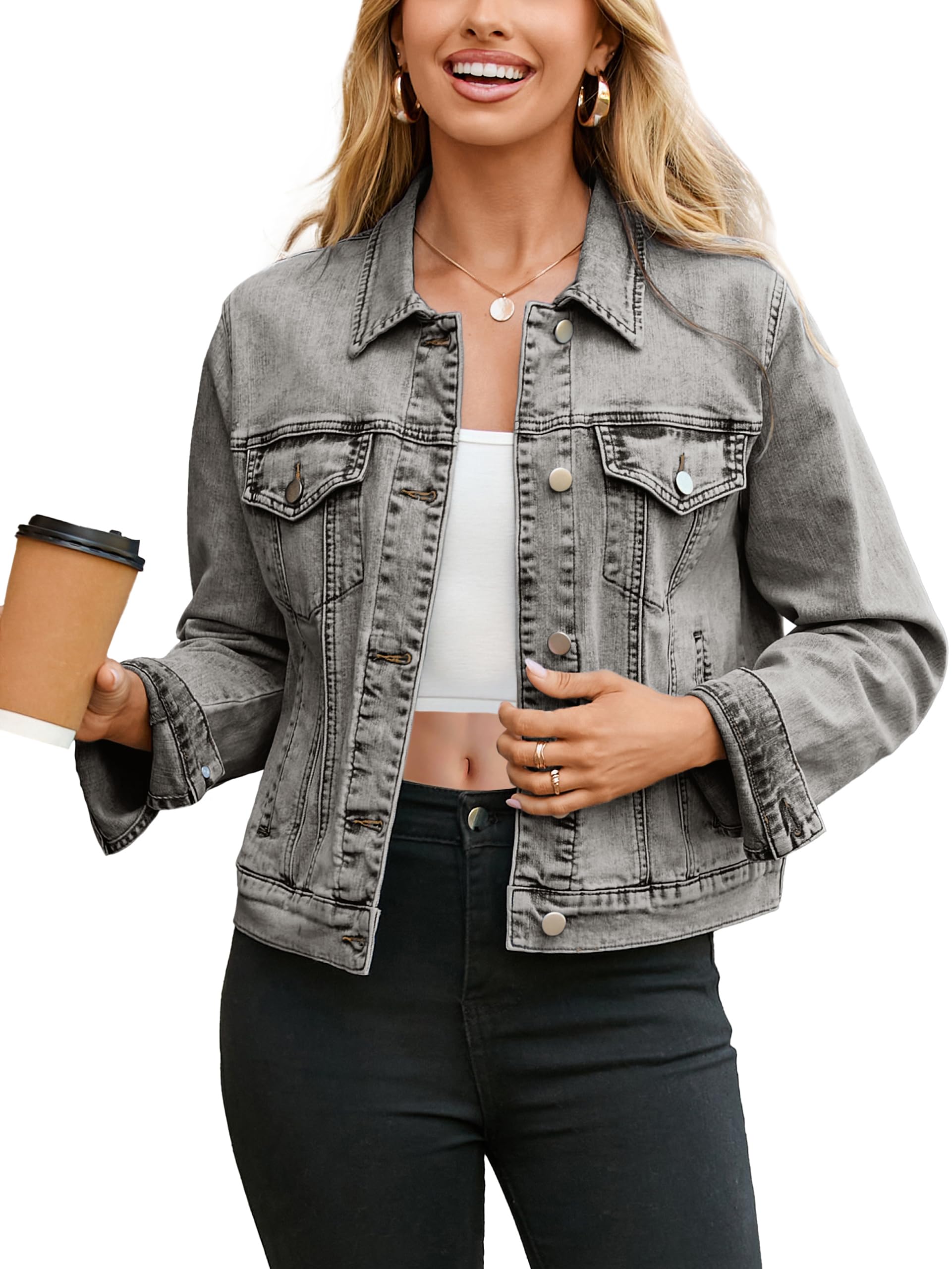 Glamaker Womens Jean Jacket 2026 Basic Trendy Long Sleeve Denim Jackets Button Down Fitted Western Coat with Pockets
