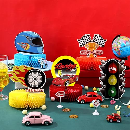 Miniatura 4 de Zonon 9 piezas de decoración de fiesta de coche de carreras, centro de mesa de panal de abeja Let's Go Racing Theme Party Cake Ball Decoración
