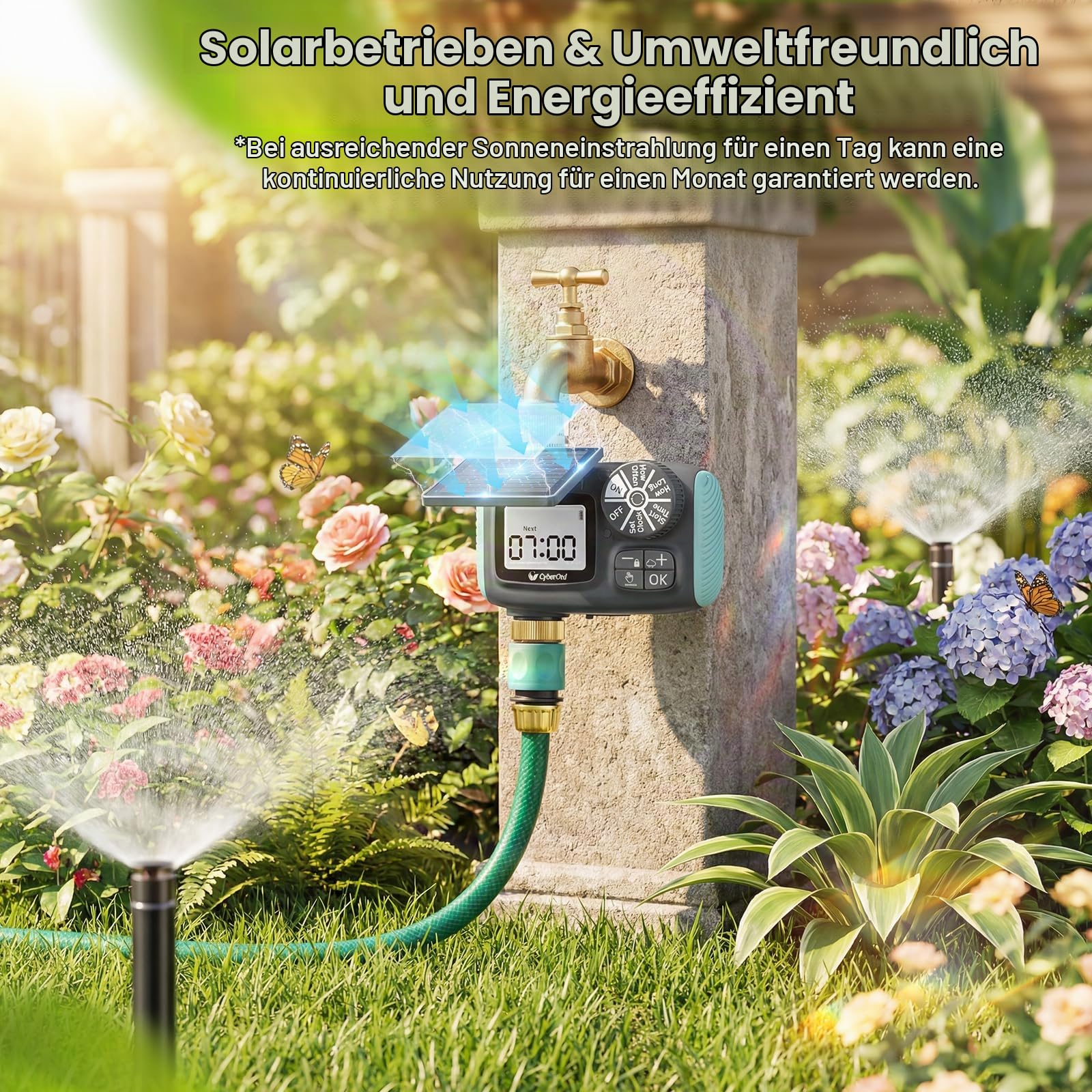 Bewässerungscomputer mit Solarenergie, Programmierbare Wasser Bewässerungsuhr LCD-Display Automatische Zeitschaltuhr mit Regenverzögerung/Automatischem & Manueller Modus für Garten und Rasen