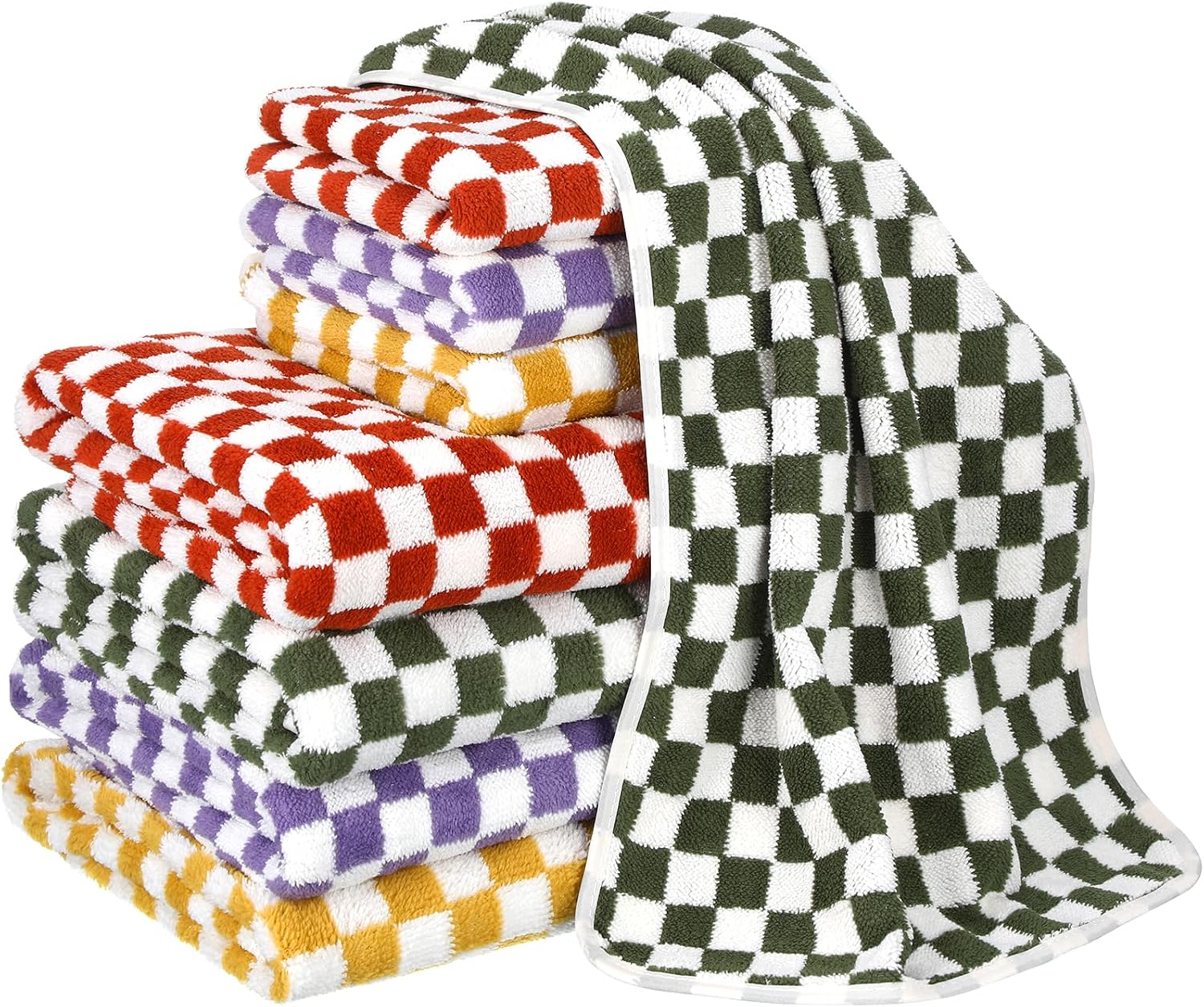 Peryiter 8 Pcs Checkered Bath Towels Set 4 Pcs 13.78" x 29.53" Checkered Face Hand and 4 Pcs 27.56" x 55.12" Shower Bath Towels Absorbent Soft Cute for Bathroom Spa Gym Kitchen