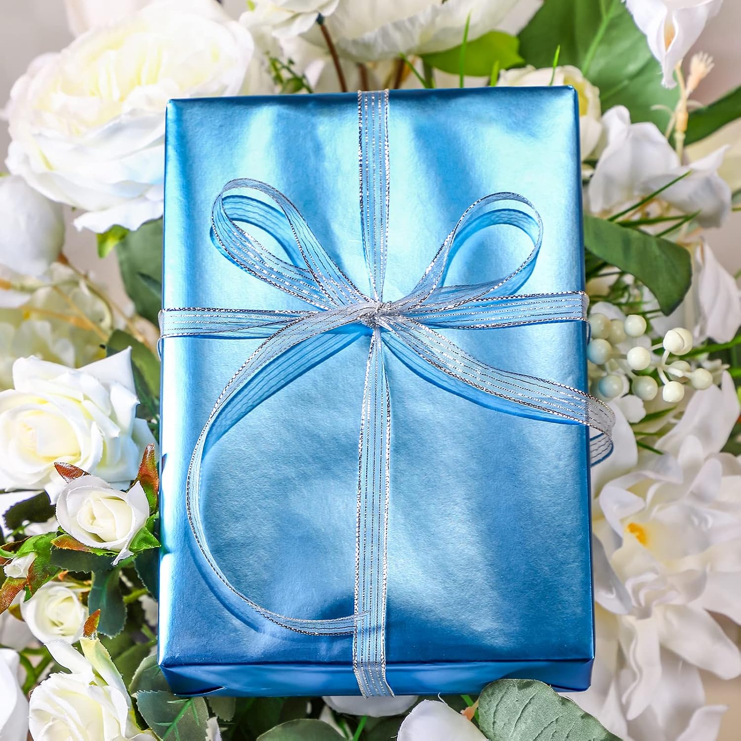 RUSPEPA Blue Metallic Wrapping Paper - Solid Color Matte Paper Perfect for Wedding,Birthday,Christmas,Baby Shower - 17.3 Inches X 32.8 Feet (Cornflower Blue Color)