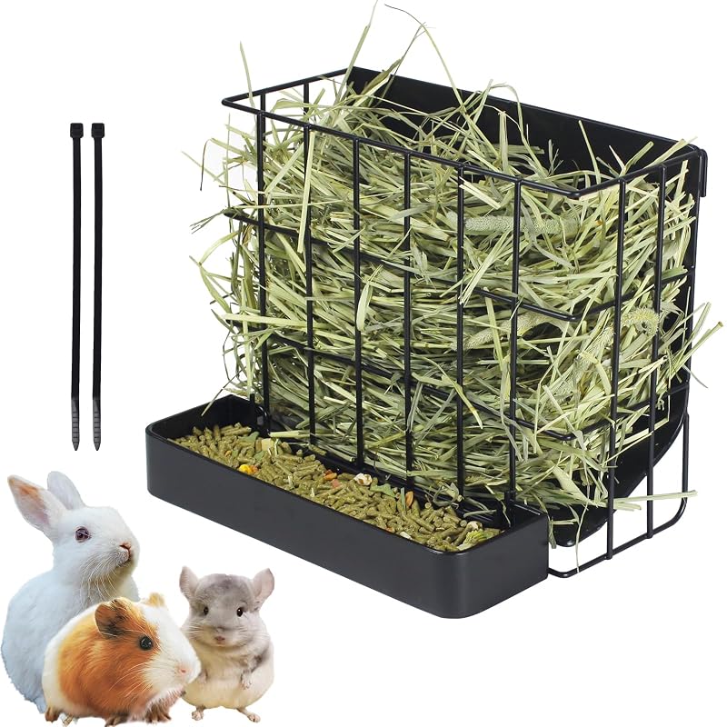 Comedouro para Feno e Ração para Coelhos em Metal Reforçado CAIQINLI com Gancho Black, 1 Unidade