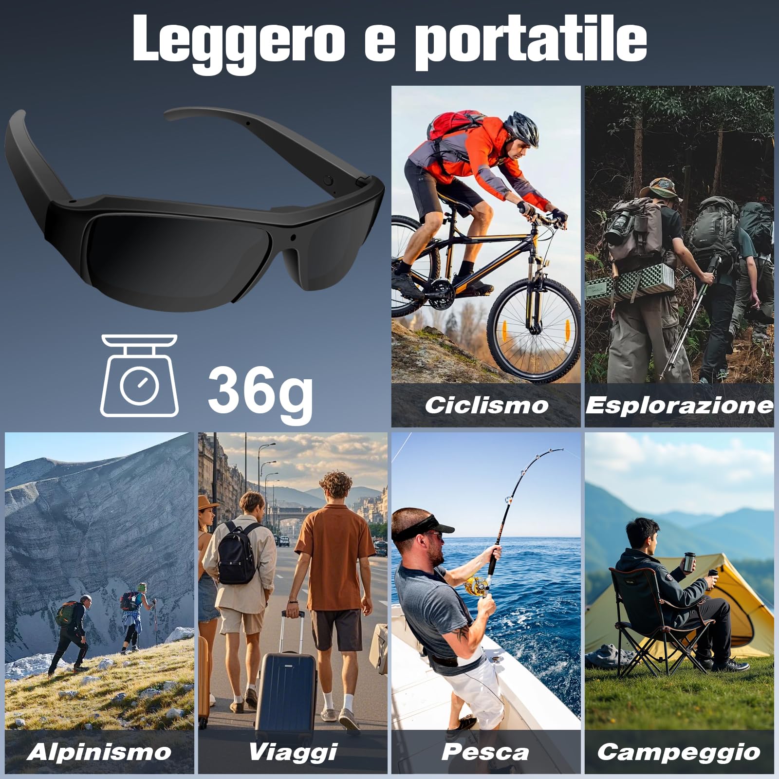Occhiali da Sole Action Camera, Occhiali sportivi con telecamera HD1080P, Registratore Video Esterno con Scheda MicroSD 16GB, Ideale per Campeggio, Escursioni, Pesca e Attività Outdoor