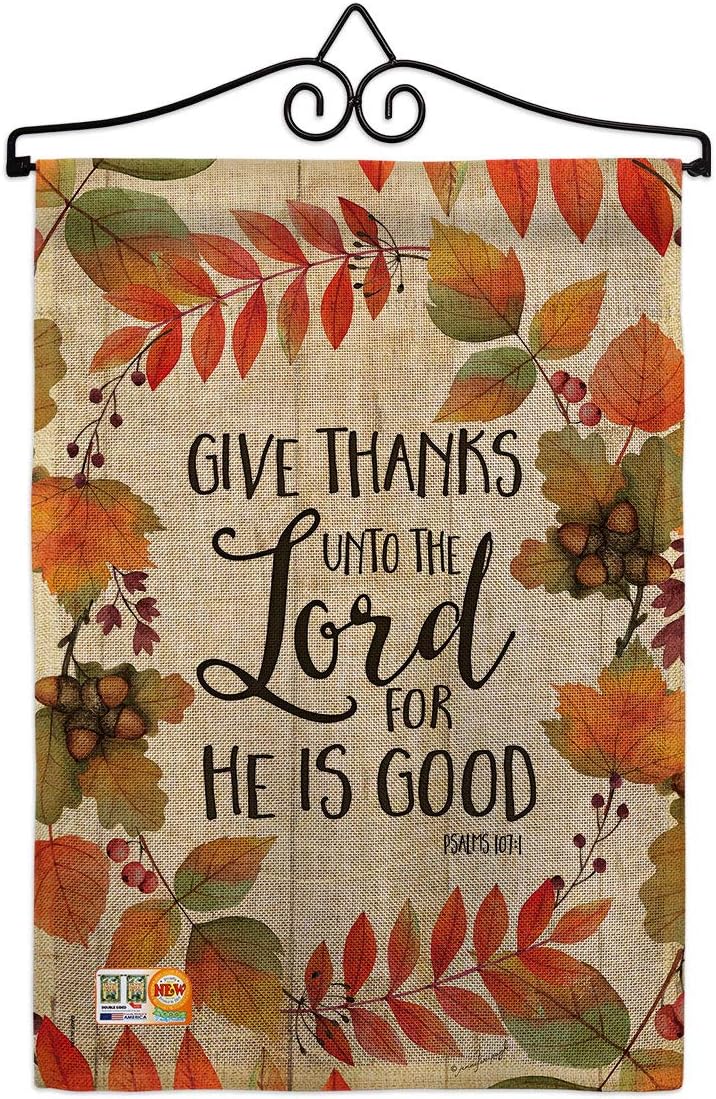 Give Thanks Unto the Lord Garden Flag Set Wall Holder Falltime Thanksgiving Turkey Gobble Pumpkin Season Autumntime Cornucopia Small Gift Yard House Banner Made In USA 13 X 18.5