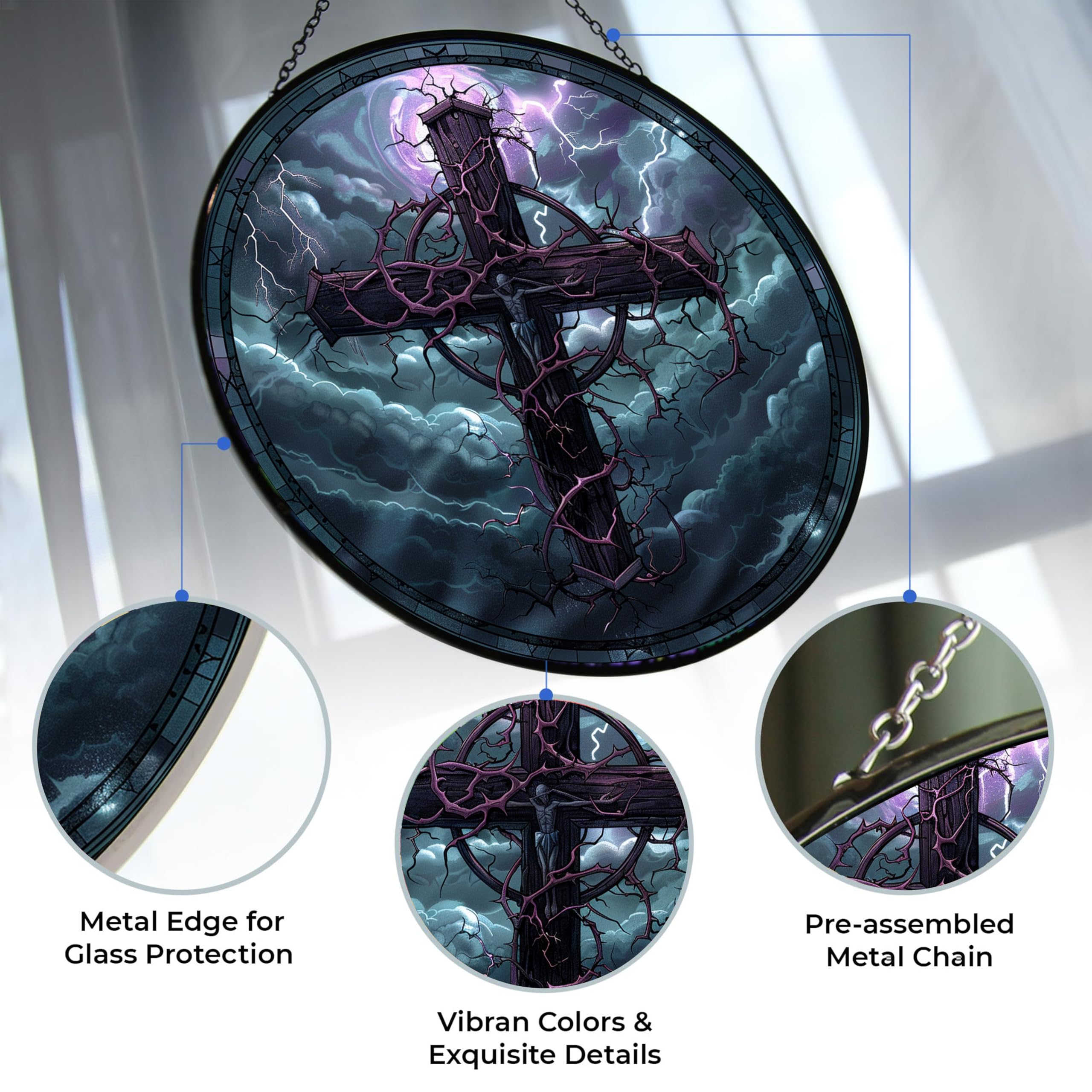 365CUSGIFTS Halloween Cross Jesus Stained Glass Window Hanging Sun Catcher Halloween Haning Ornament Decoration Christmas Birthday Gifts for Lover and Friends