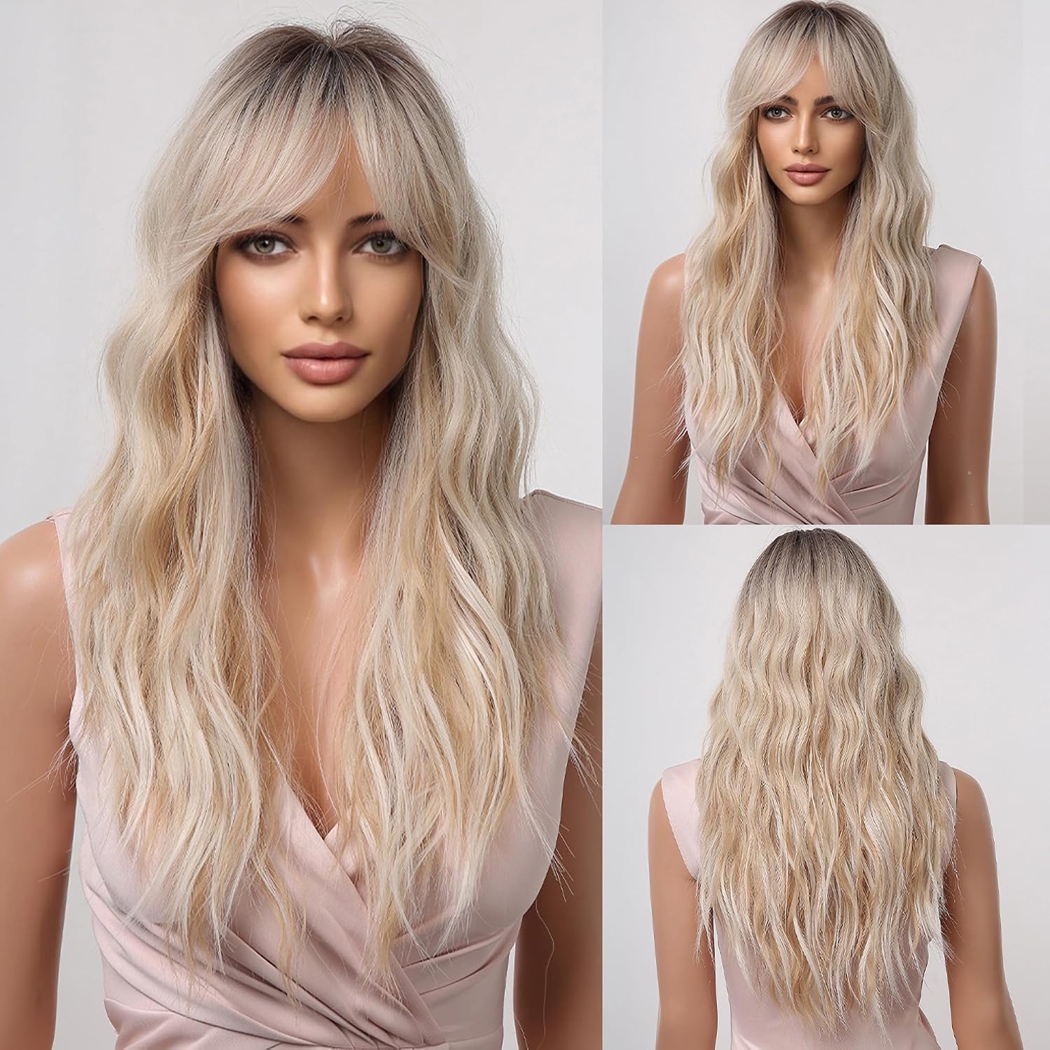 Long Blonde Wavy Wigs for Women 26 Inch Charming Ombre Curly Wigs with Black Root Natural Looking Synthetic Layered Wig for Daily Party Use