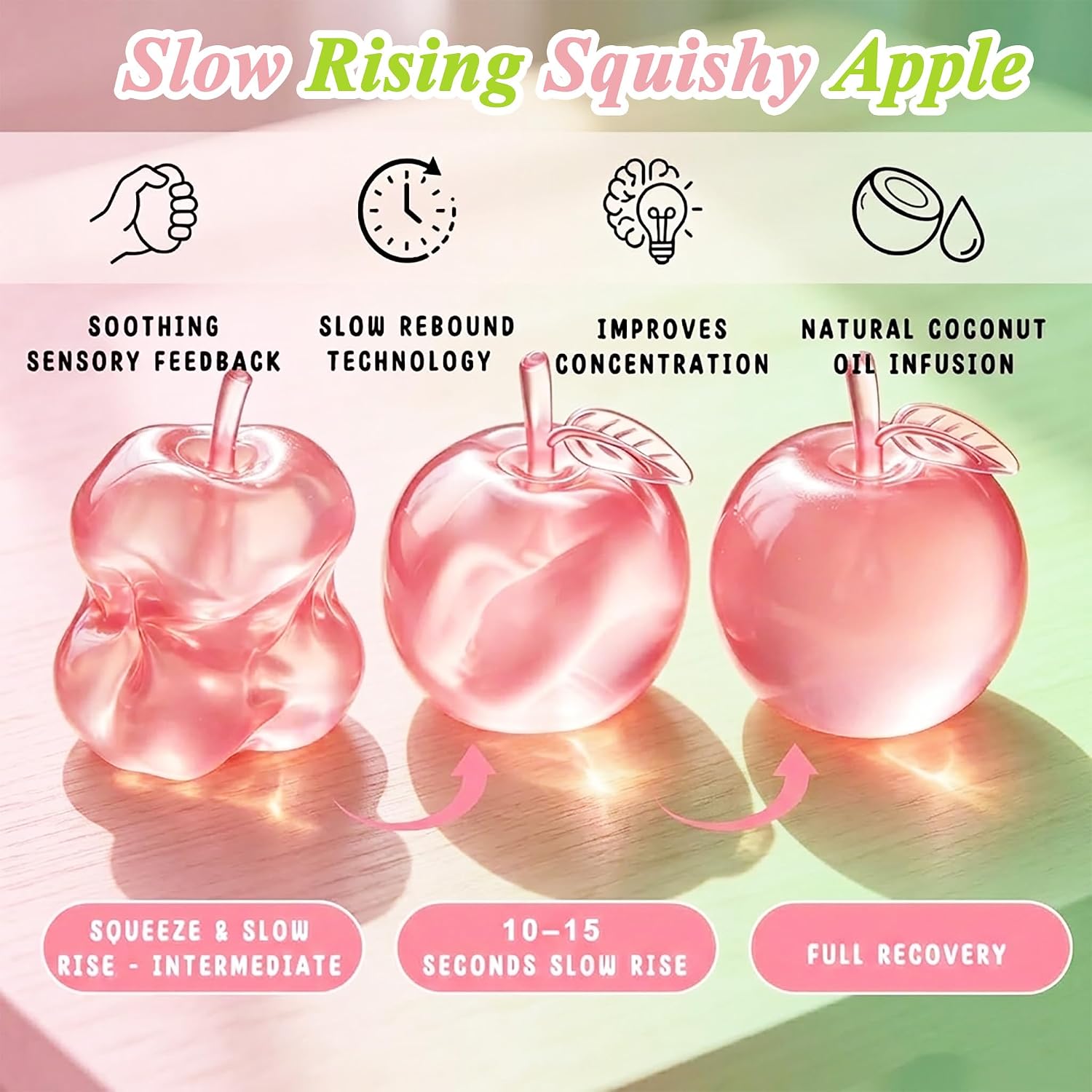 2-Pack Pink & Green Apple Squishy, Slow Rising Squishy Apple Stress Ball | Soft Squeeze Toys for Anxiety, Cute Fidget Sensory Toy Gift for Adults & Kids