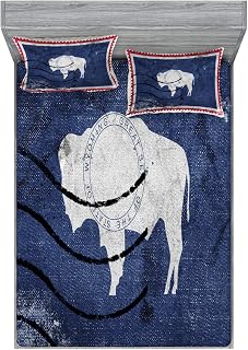 Ambesonne Wyoming Fitted Sheet & Pillow Sham Set, Old Postage Stamp Look Design with Equality State with Bison Print, Decorative Printed 3 Piece Bedding Decor Set, King, Night Blue Dark Pink