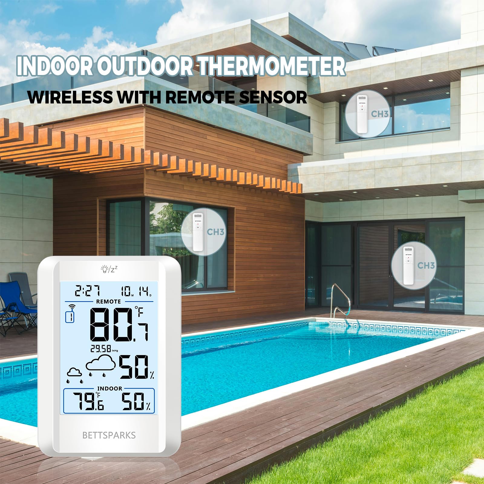Termometro per interni ed esterni, stazione meteo wireless, termometri interni ed esterni, con sensore remoto da 100,6 m, display retroilluminato alimentato a batteria