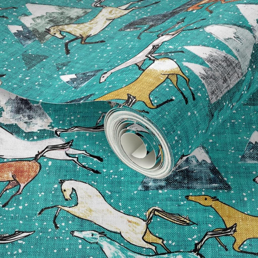 Spoonflower Peel & Stick Wallpaper 3ft x 2ft - Wild Horses Teal Horse Mountain Cowboy Western Southwestern Australia Custom Removable Wallpaper