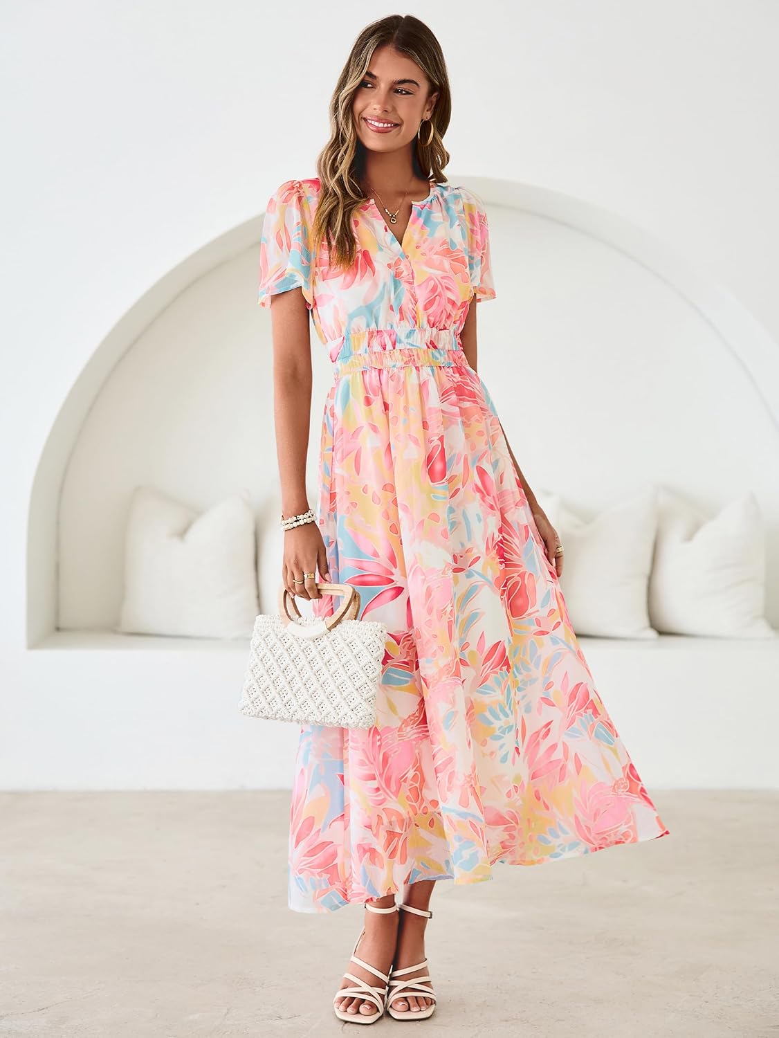 Simplee Women Floral Summer Maxi Dress Boho Flowy Casual Chiffon Short Sleeves V Neck Long Wedding Guest Dresses - Image 3