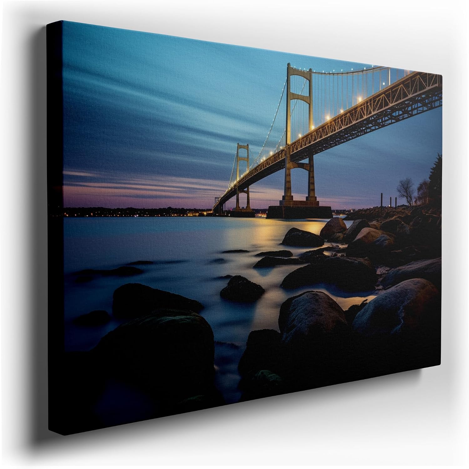 Canvas for Living room. Golden Twilight Serenity - Capturing the Throgs Neck Bridge in a Mesmerizing Long-Exposure Display, 27 x 18 inch Canvas Wall Art - Contemporary Masterpieces - Modern Home Decor