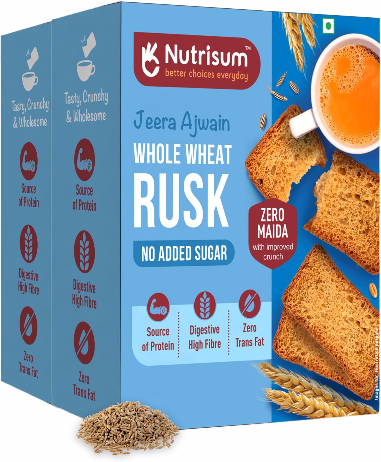 Nutrisum Whole Wheat Rusk | Jeera Ajwain Flavour | No Maida, No Added Sugar, Atta Rusk | High Fiber Crispy Tea Toast | Healthy Namkeen Chai Snack | 180g (Pack of 2)