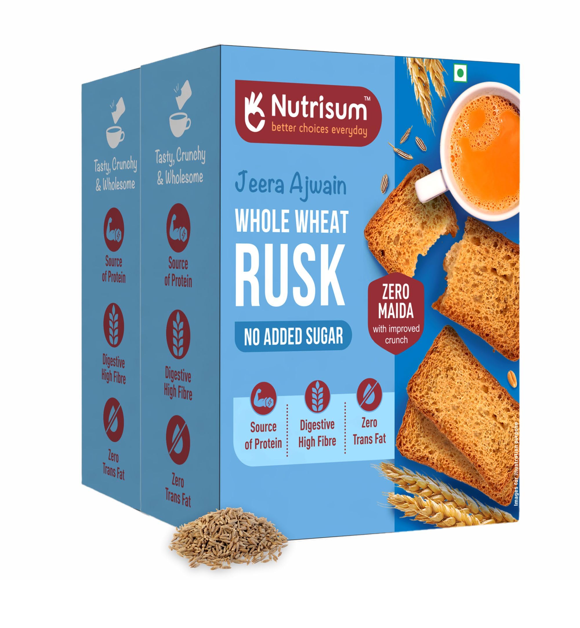 Nutrisum Premium Whole Wheat Rusk Jeera & Ajwain Flavour, High Fiber, Refined Sugar Free, Tea Toasts 180 Gms(Pack Of 2)-image-27