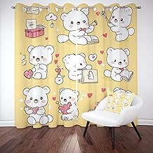 Cartoon Style Bear Black Out Curtains, Anime Style Heart Drapes Thermal Insulated Noise Cancelling, Yellow Background Curtain, Home Decor Grommet Black Out Curtains 54 Inch Long 2 Panel Set