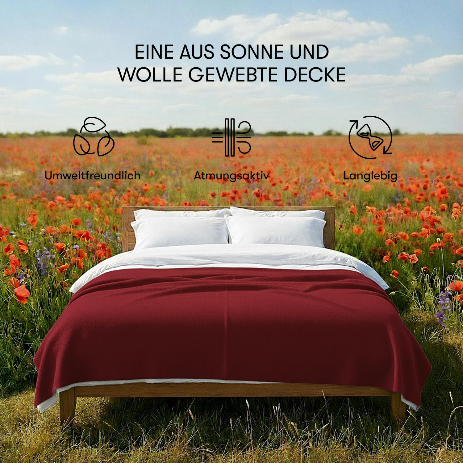 Wolldecke „Runo“ – Tagesdecke & Bettüberwurf – 100 % Neuseeland-Wolle, Warmer Sofa-Plaid – Dunkelrot – 140x200 cm