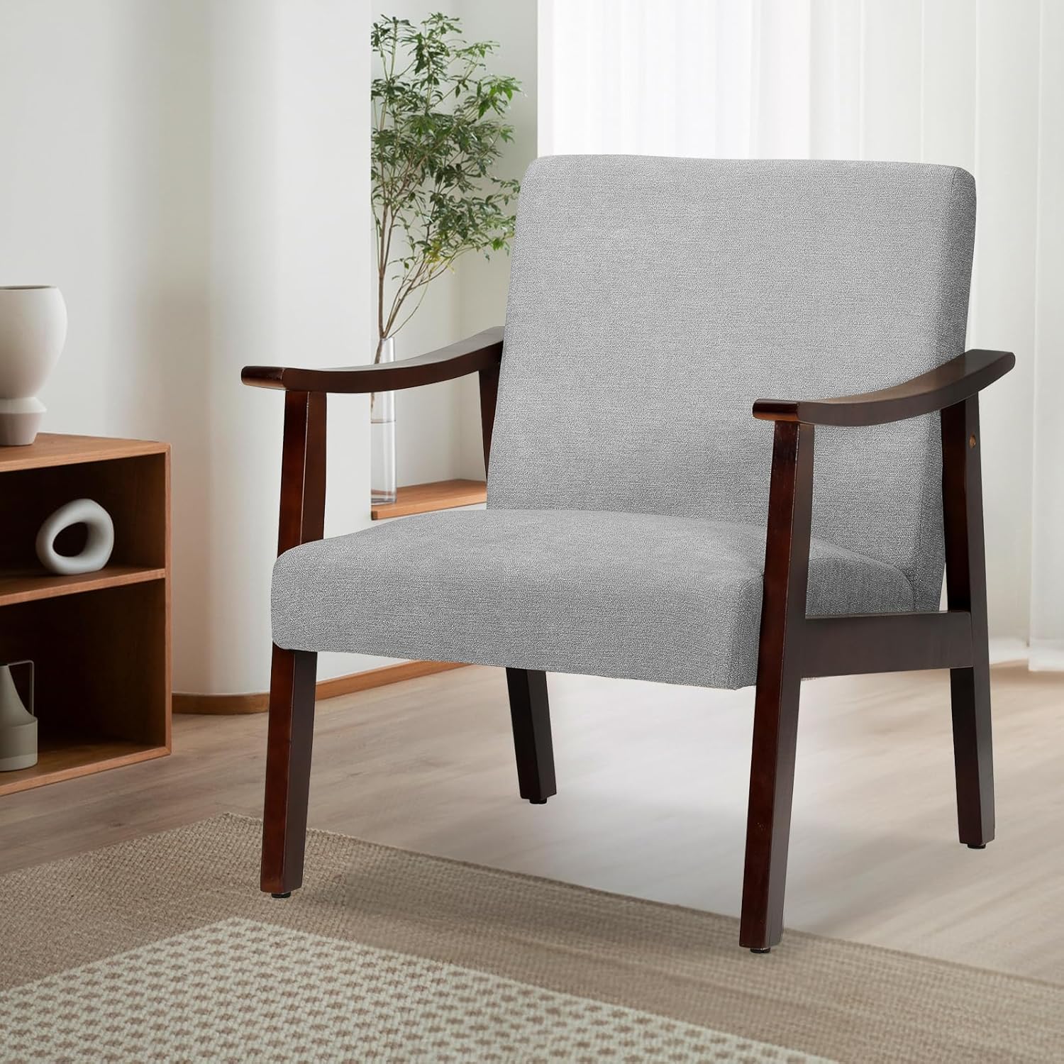 Athena Collection Mid Century Modern Accent Chairs, Linen Fabric Reading Arm Chairs for Adults with Wooden Armrest and Legs, Comfy Upholstered Armchairs for Living Room, Bedroom, Office, Grey