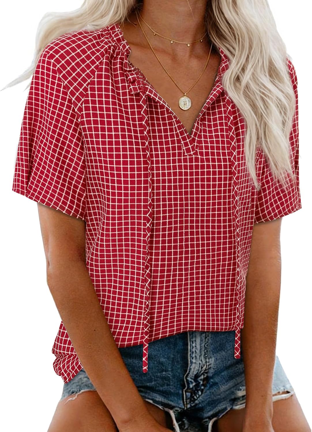 siliteelon Women's Plaid Blouses with Bow Tie Short Sleeve Tunic Tops Dressy Casual Cute Summer Shirts