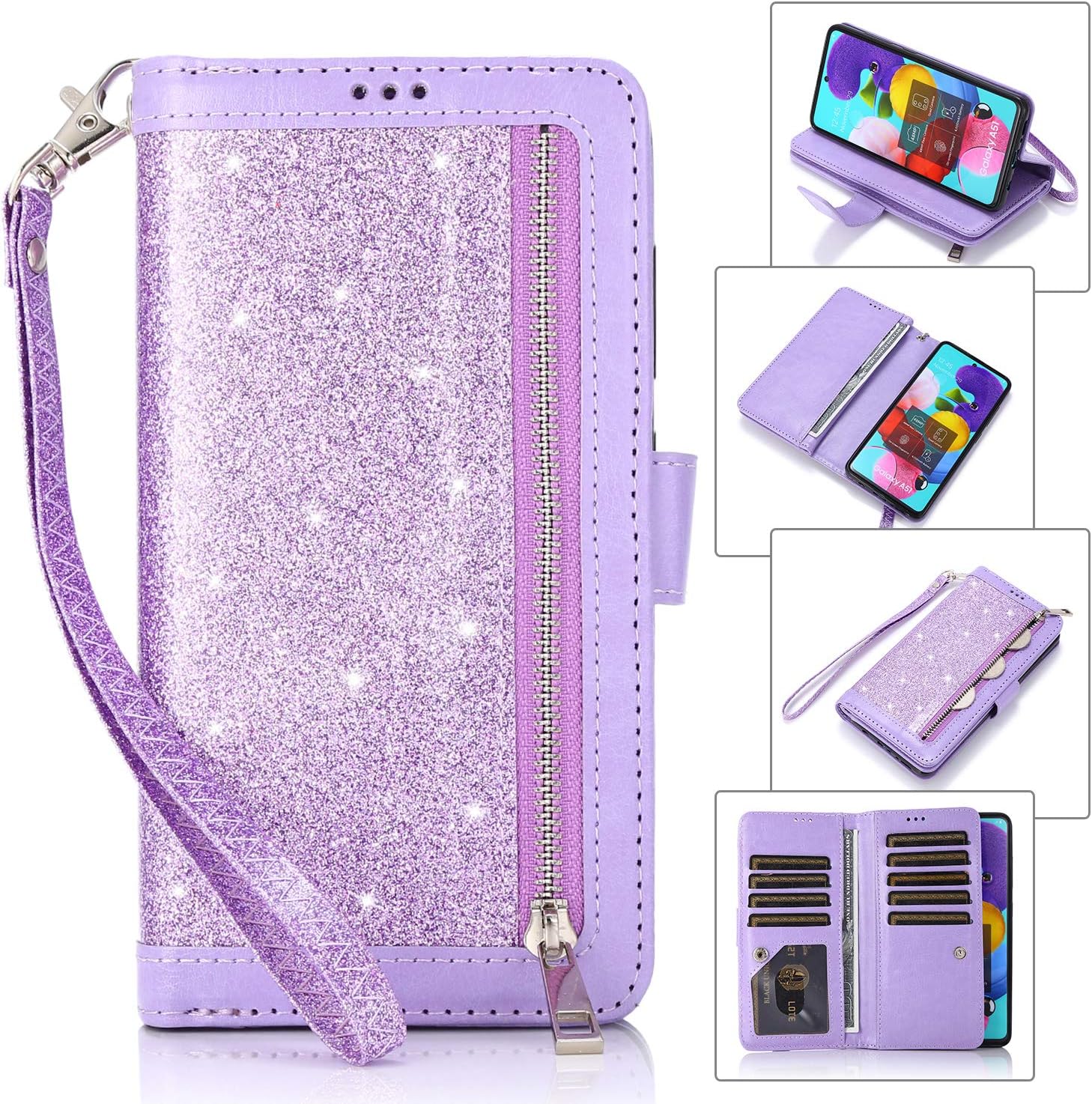 EYZUTAK Wallet Case for Samsung Galaxy A51,Magnetic Handbag Zipper Pocket PU Leather Flip with 9 Card Slots and Wrist Strap Folio TPU Inner Stand Case for Samsung Galaxy A51 - Purple