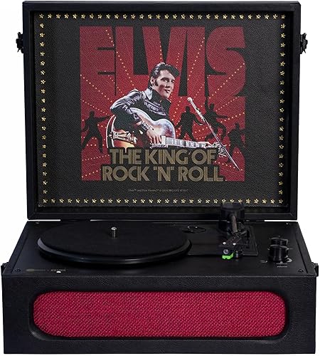 Arkrocket x Elvis Reproductor de Discos Bluetooth Portátil de 3 Velocidades con Entrada y Salida Bluetooth, Tocadiscos con Bocinas Integradas,