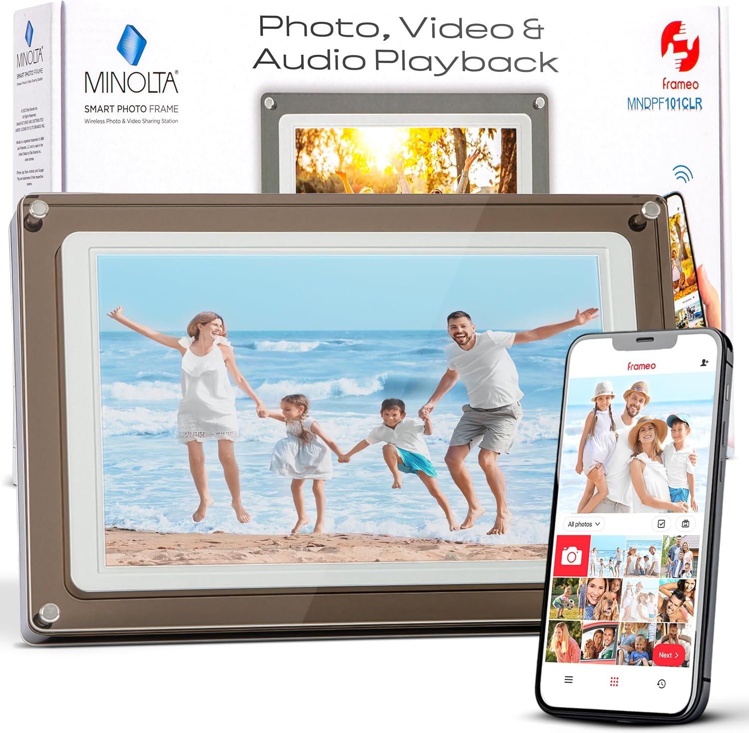 Minolta Smart Photo Frame 10.1 inch - Digital Picture Frame with IPS Touch Screen HD Display, Built-in Free Frameo App and WiFi, 16GB Storage, Translucent Acrylic Design (White/Smoke)