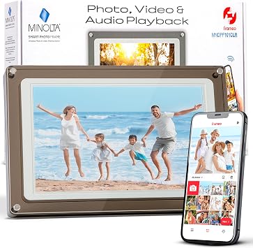 Minolta Smart Photo Frame 10.1 inch - Digital Picture Frame with IPS Touch Screen HD Display, Built-in Free Frameo App and WiFi, 16GB Storage, Translucent Acrylic Design White/Smoke